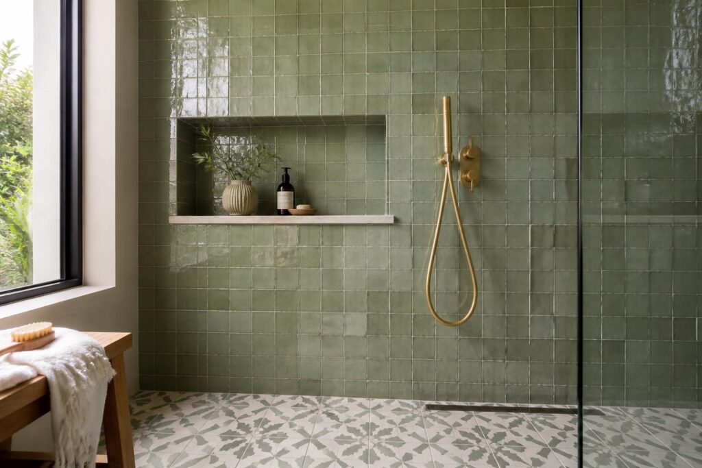 Design inspiration: sage green zellige-style tile shower with patterned floor tile