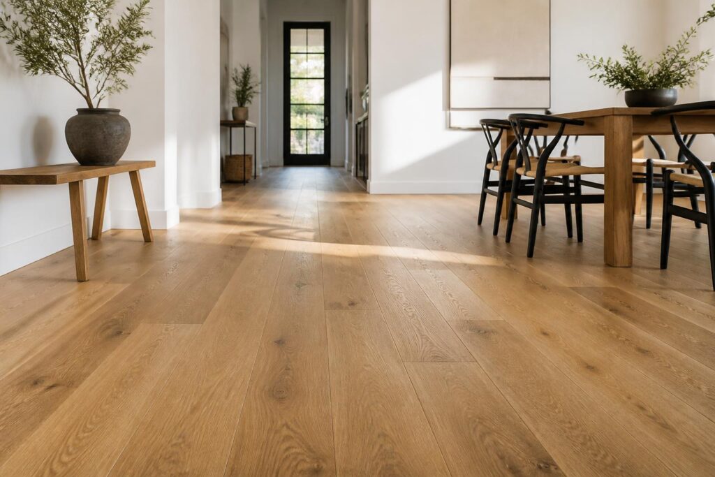 Design inspiration: wide-plank European oak hardwood flooring in a sunlit hallway
