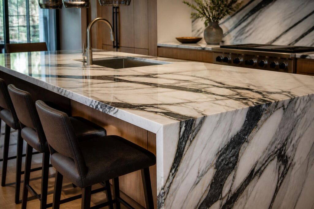 Design inspiration: kitchen island with bold-veined natural stone slab and mitered waterfall edge