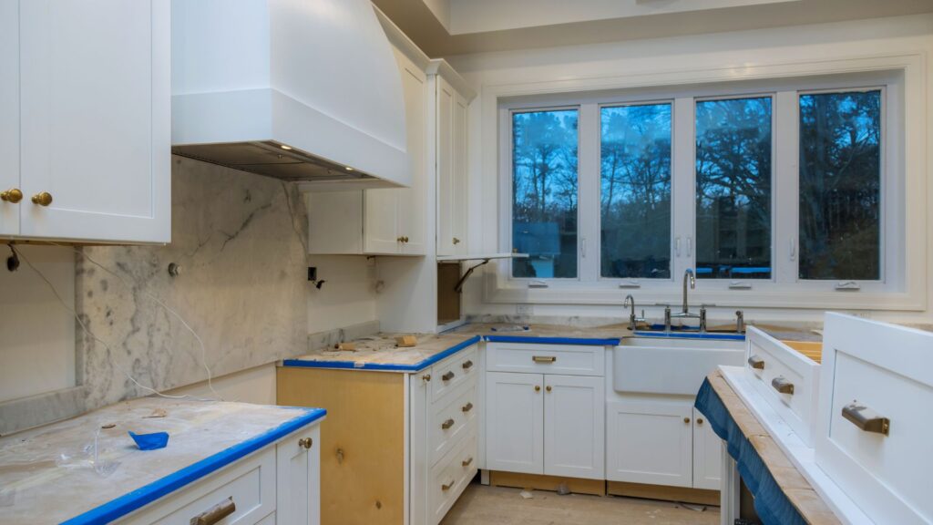 Kitchen cabinet and countertop installation in progress