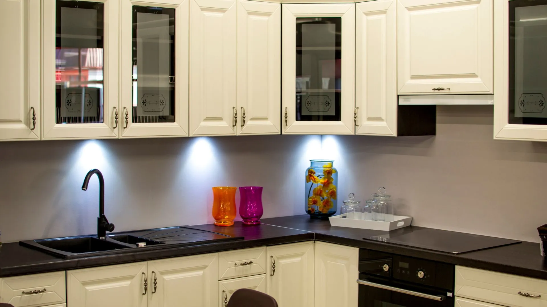 Cabinet door and finish samples on display at the Custom Touch Interiors showroom on NE 20th St in Bellevue, WA