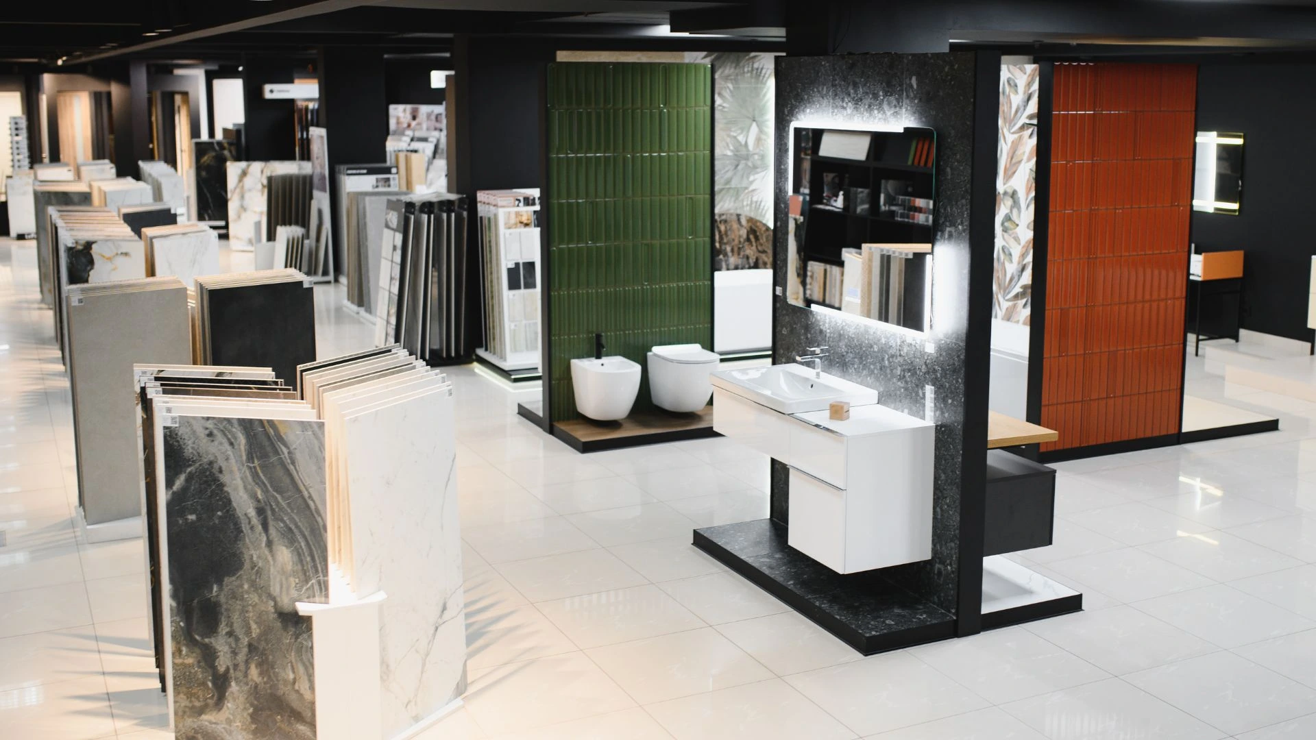 Tile and natural stone selection displays inside the Custom Touch Interiors showroom on NE 20th St in Bellevue, WA